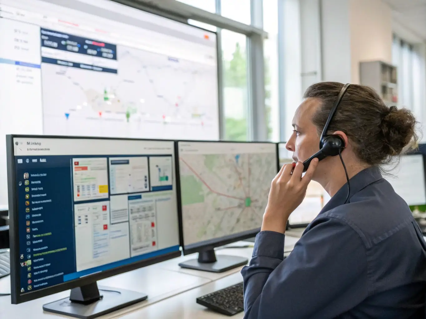 An image of a dispatcher on a call with a driver, providing support in a truck cab, highlighting the personal connection and immediate assistance.