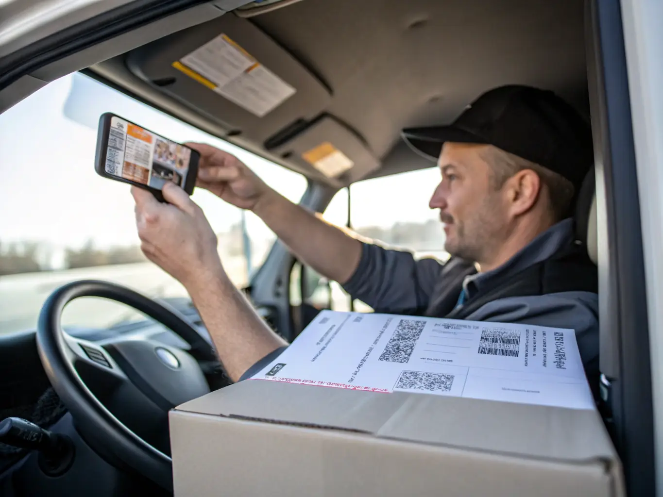 An image of a driver reviewing digital documents with a dispatcher on a tablet, showcasing efficient communication and document management.